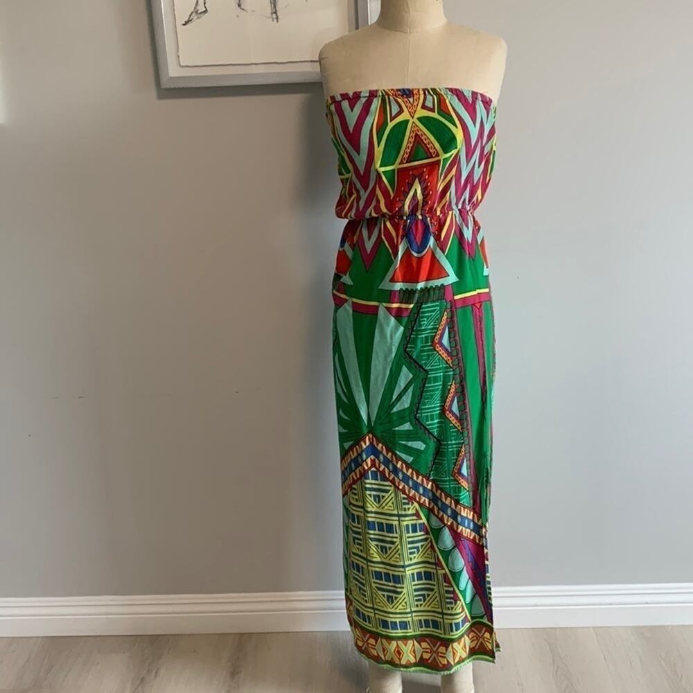 Earthbound Trading Co. Strapless Boho Dress – Funky Geometric Retro Hippie Print